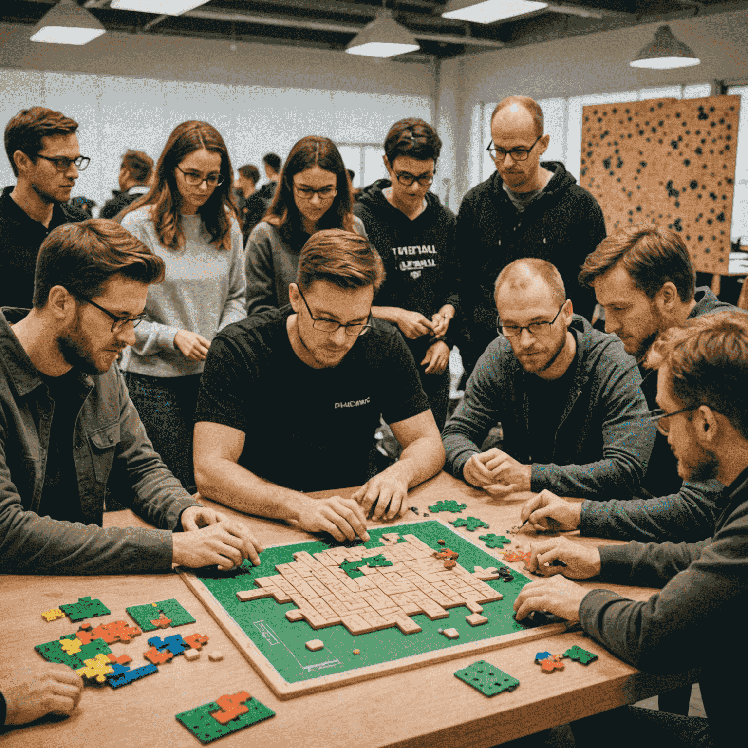 Equipo de gameboardworld.com trabajando en nuevos diseños de puzles. Se ve un grupo diverso de personas sentadas alrededor de una mesa llena de prototipos de juegos, tableros de Plinko y otros rompecabezas innovadores.