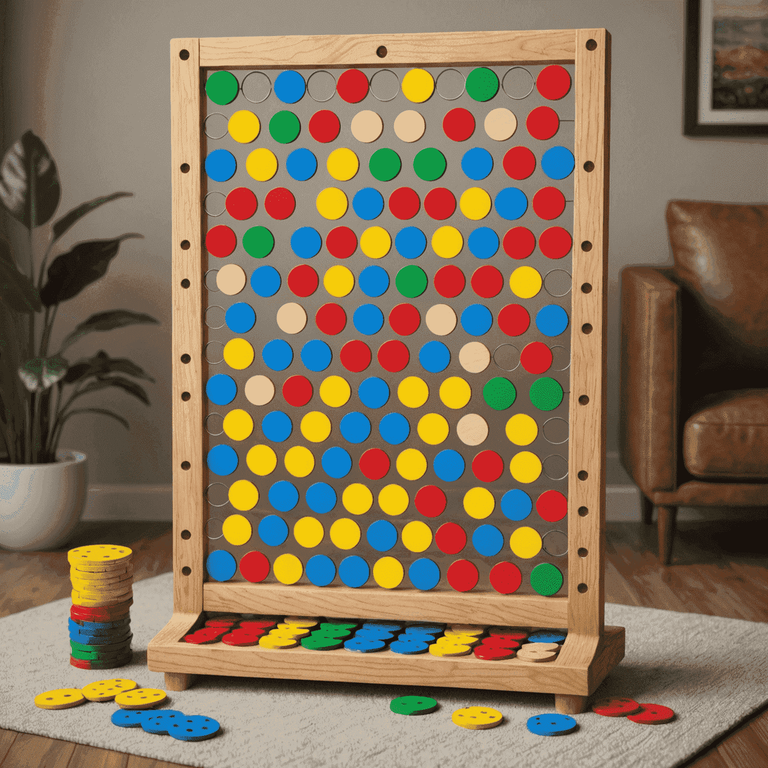 Un tablero de Plinko casero hecho de madera con clavijas y fichas de colores, listo para jugar en una sala de estar acogedora