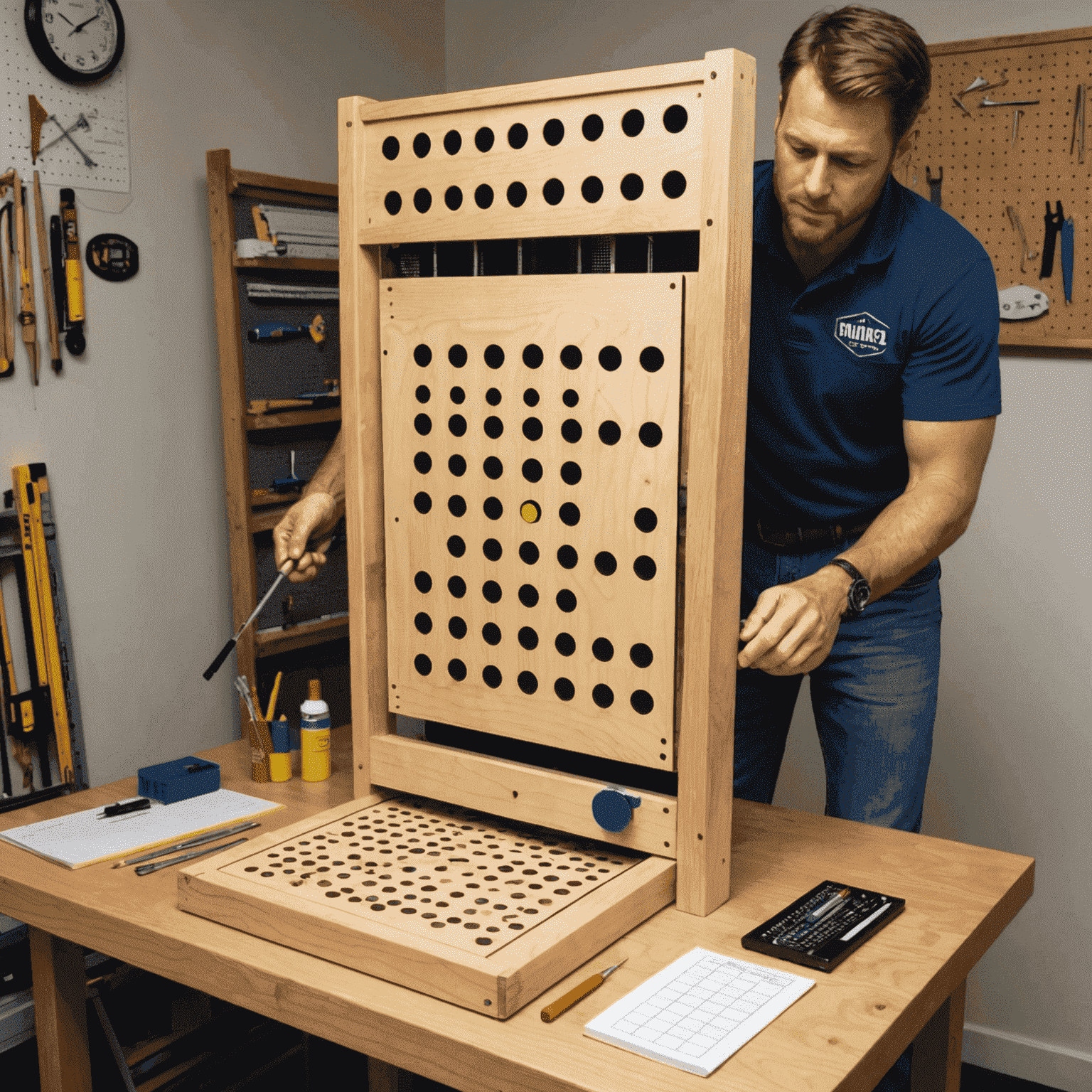 Imagen que muestra los pasos para construir un tablero de Plinko casero, con herramientas y materiales necesarios