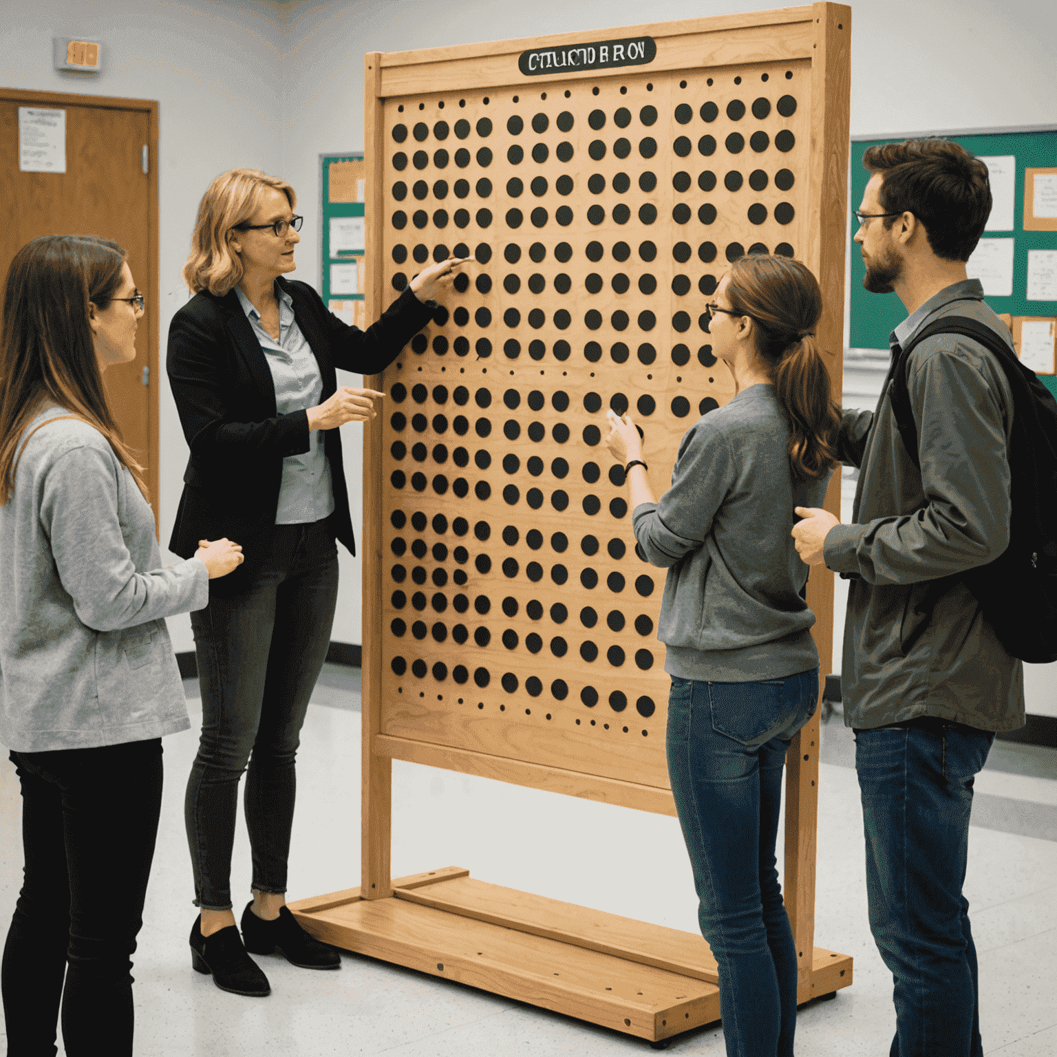 Profesor demostrando cómo usar un tablero de Plinko gigante en el aula, con estudiantes tomando notas y haciendo preguntas